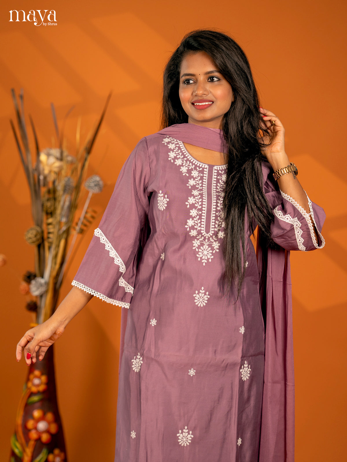 Embroidered Rayon 3pc peach onion pink Salwar Suit - Top, Bottom & Dupatta - Shop on Shrus.com