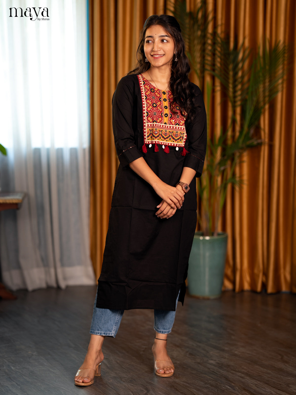 Black Ajrakh Printed Cotton Straight Kurti - Shop on Shrus.com