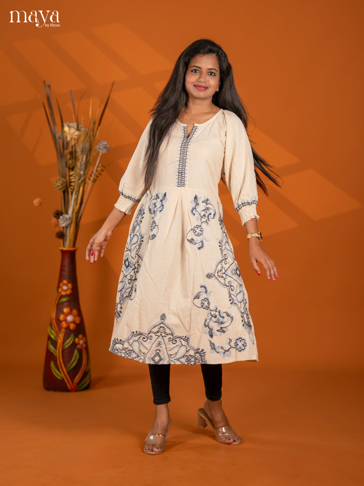 Cream Embroidered Cotton Umbrella Kurti - Shop on Shrus.com