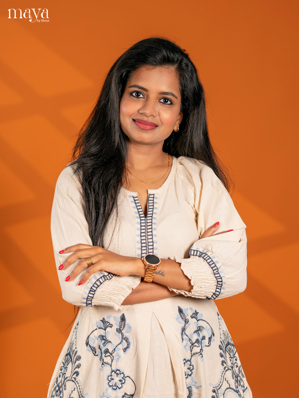 Cream Embroidered Cotton Umbrella Kurti - Shop on Shrus.com