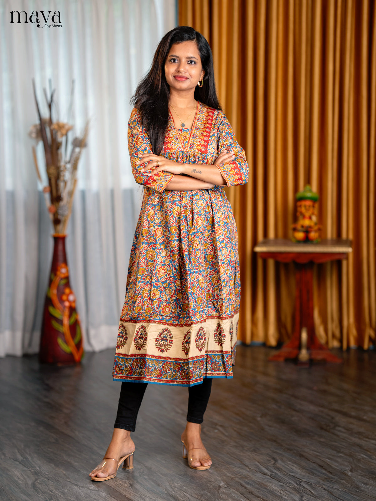 Peacock Blue with Mustrad Floral Printed Cotton Anarkali Kurti - Shop on Shrus.com