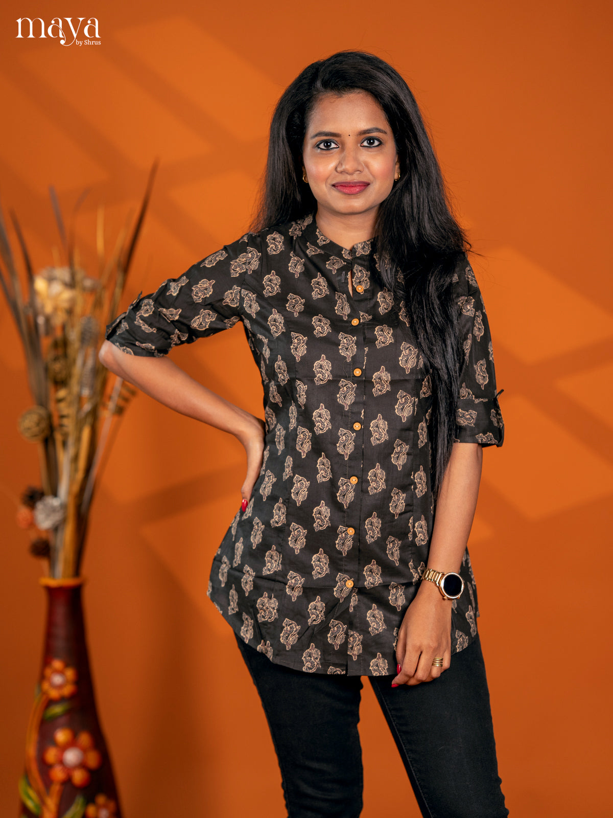 Black Floral Printed Cotton A - Line Short Kurta - Shop on Shrus.com