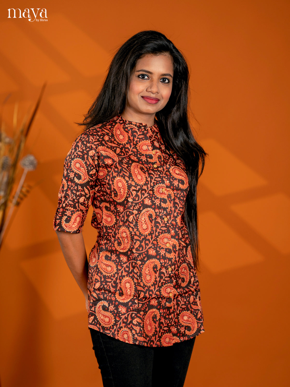 Dark brown with Rust Paisley Printed Cotton A- Line Short Kurta - Shop on Shrus.com