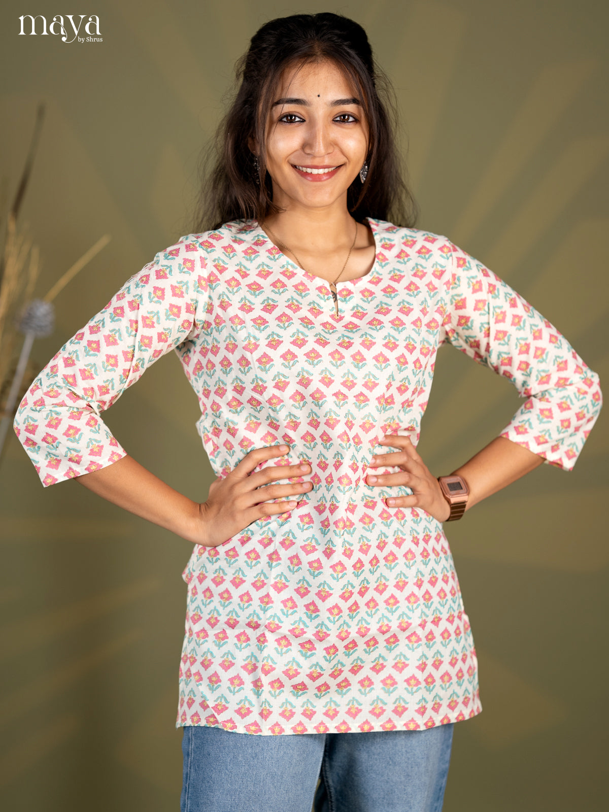 Cream with Pink Floral Printed Cotton Straight Short Kurta - Shop on Shrus.com