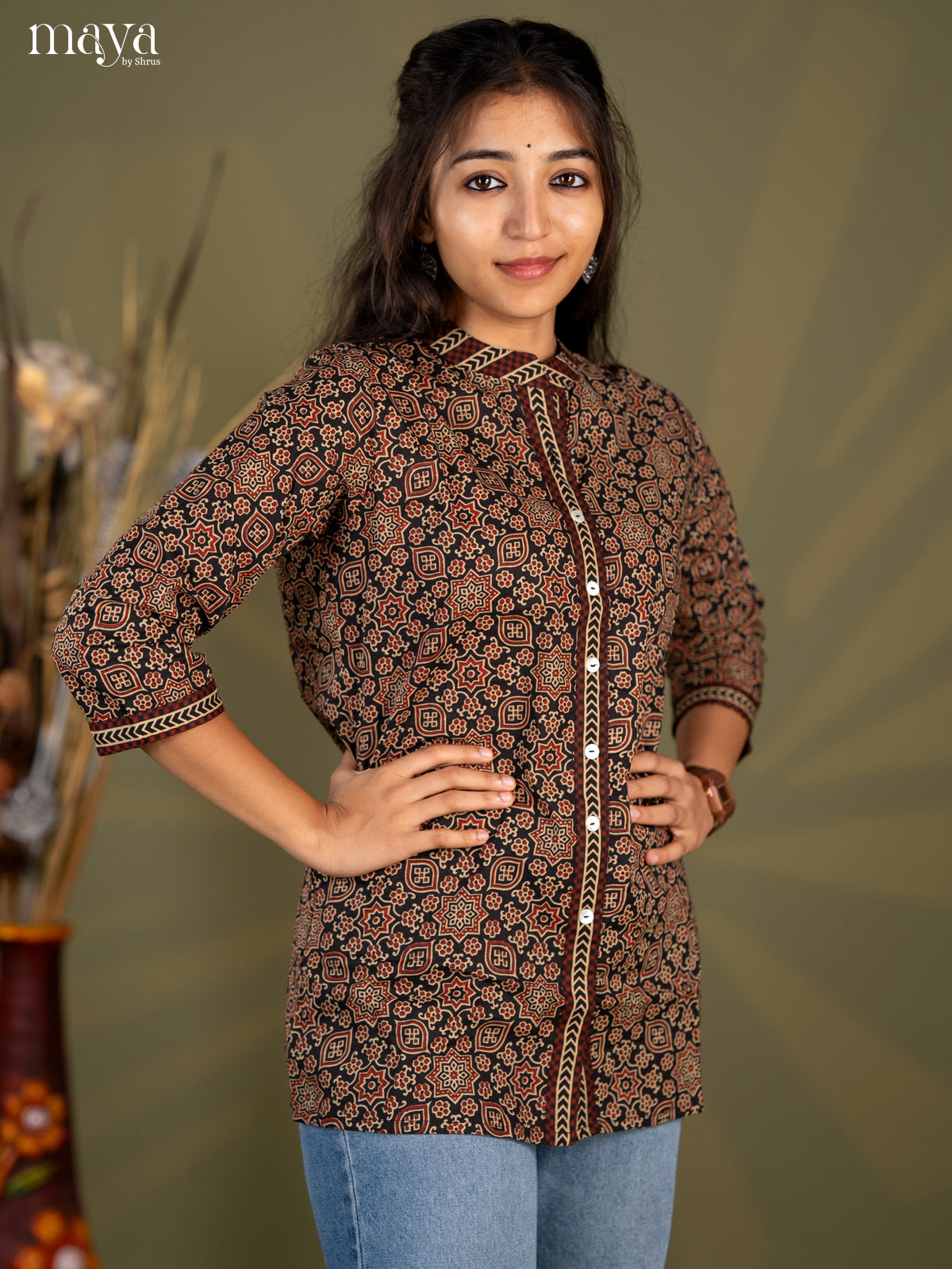 Black Ajrakh Printed Cotton Straight Short Kurta - Shop on Shrus.com