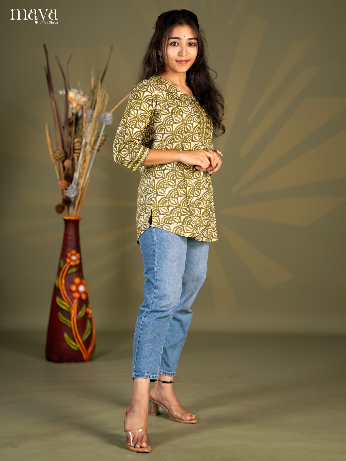 Army Green Printed Cotton Straight Short Kurta - Shop on Shrus.com