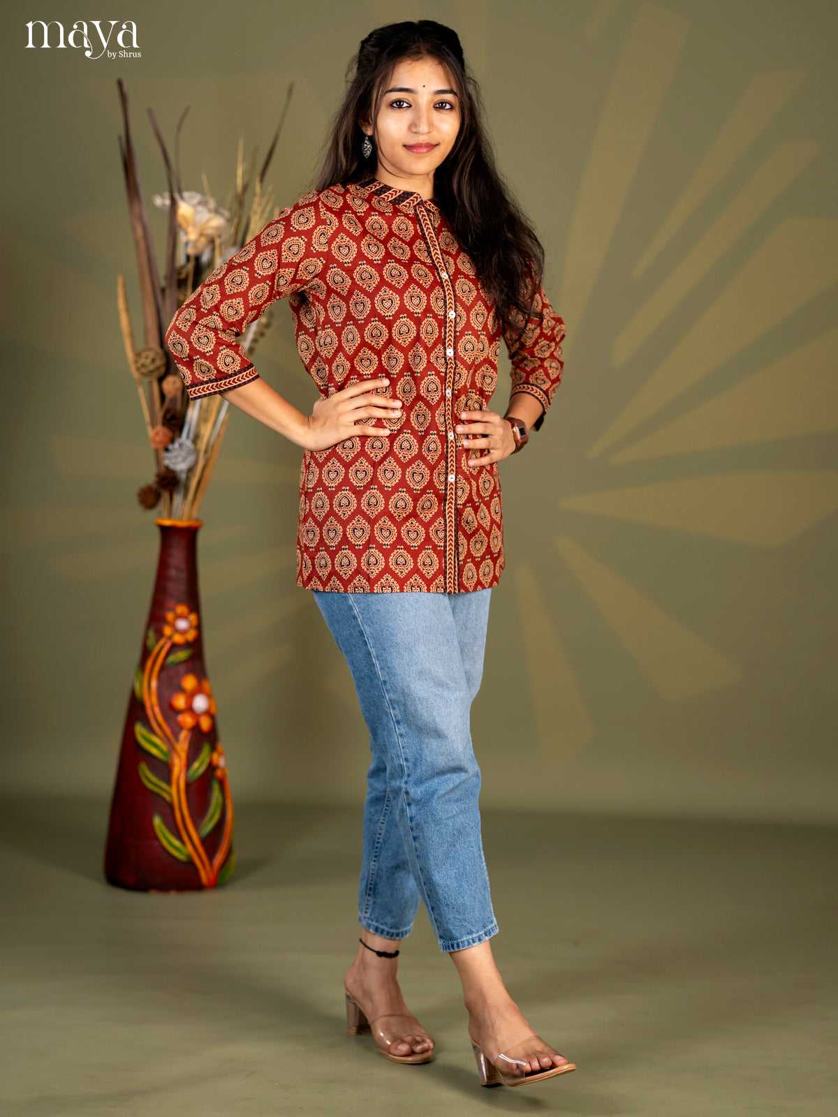 Brown Ajrakh Printed Cotton Straight Short Kurta - Shop on Shrus.com