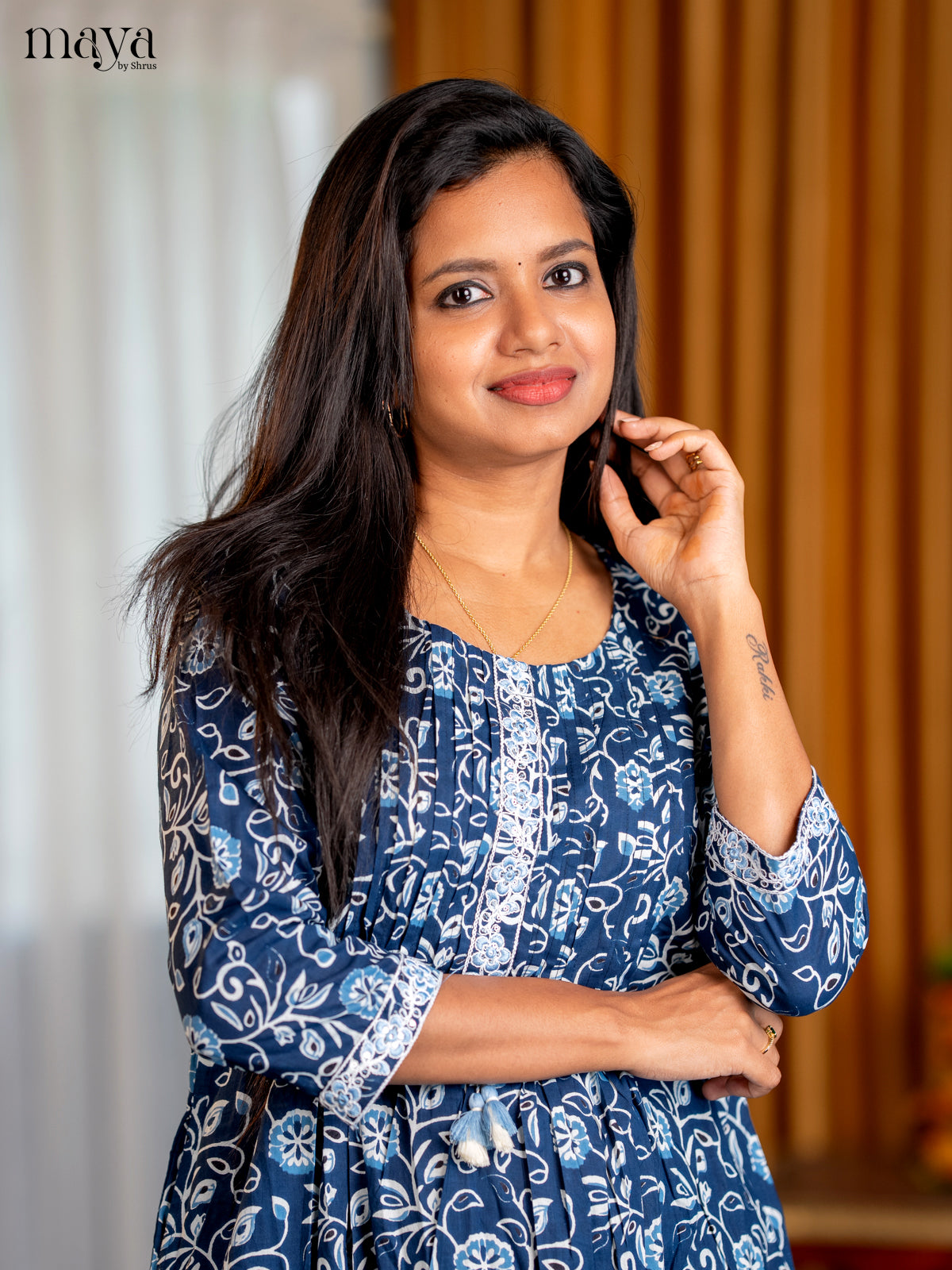 Indigo Blue Floral Printed Cotton Anarkali Kurti - Shop on Shrus.com