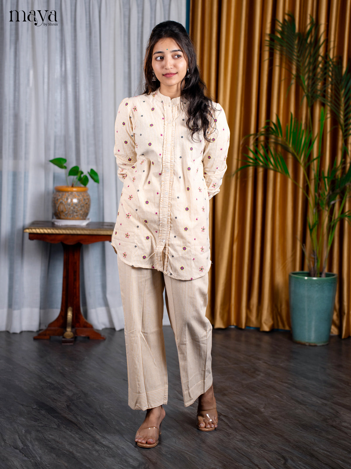 Cream Cotton 2pc Embroidered Salwar Suit - Top & Bottom - Shop on Shrus.com