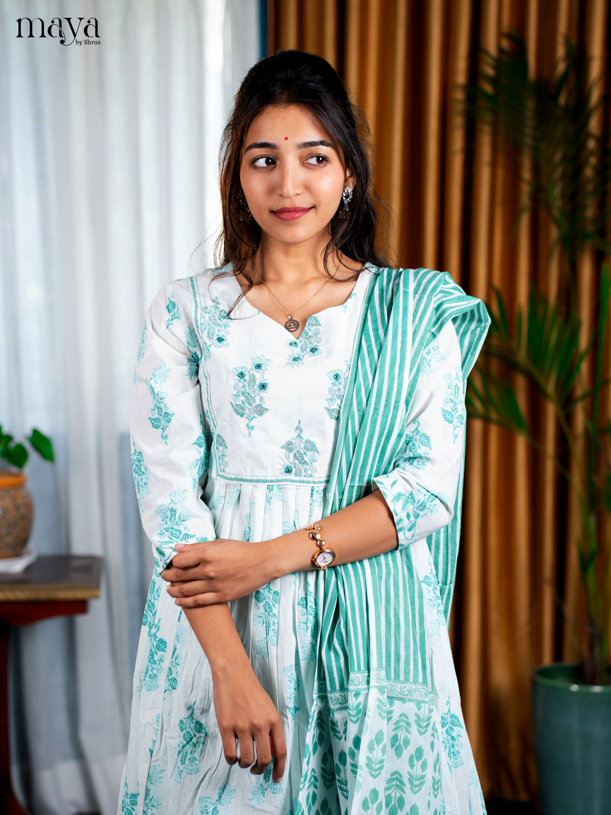 white with pastel Greem 3pc Salwar Suit - Top, Bottom & Dupatta - Shop on Shrus.com