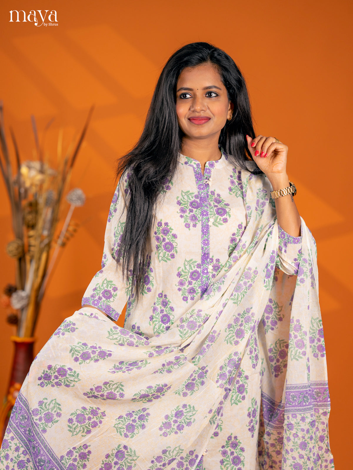 Cream with Orange Cotton 3pc Salwar Suit with Floral Print - Top, Bottom & Dupatta - Shop on Shrus.com