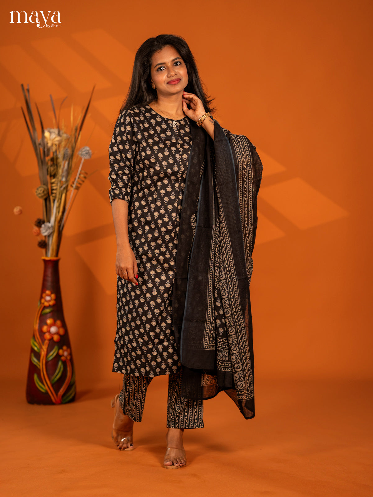 Black Cotton 3pc Salwar Suit with Floral Print - Top, Bottom & Dupatta - Shop on Shrus.com