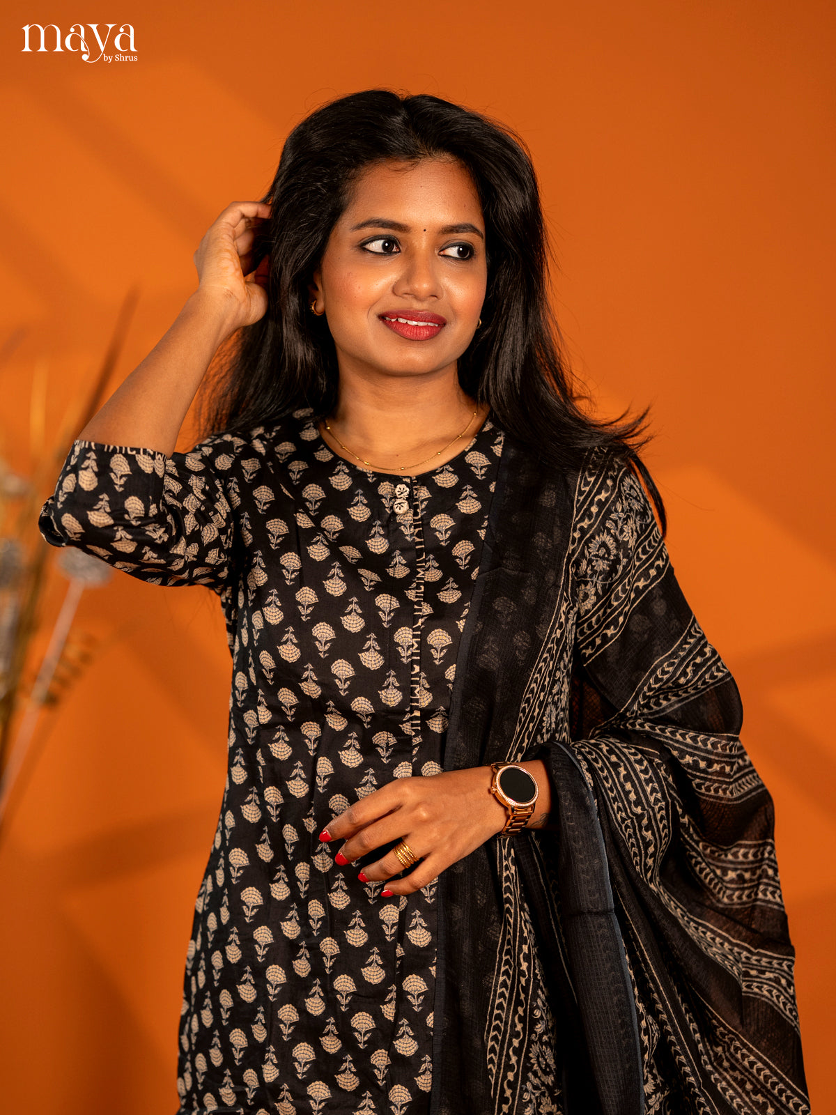 Black Cotton 3pc Salwar Suit with Floral Print - Top, Bottom & Dupatta - Shop on Shrus.com