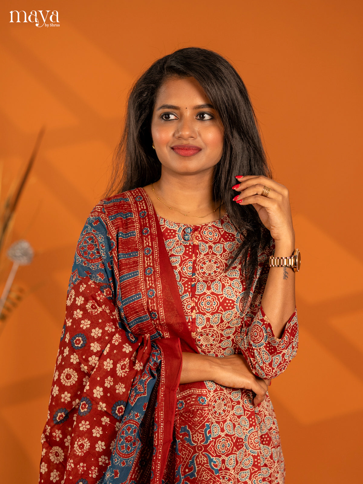 Dark Red Cotton 3pc Salwar Suit with Ajrakh Print - Top, Bottom & Dupatta - Shop on Shrus.com