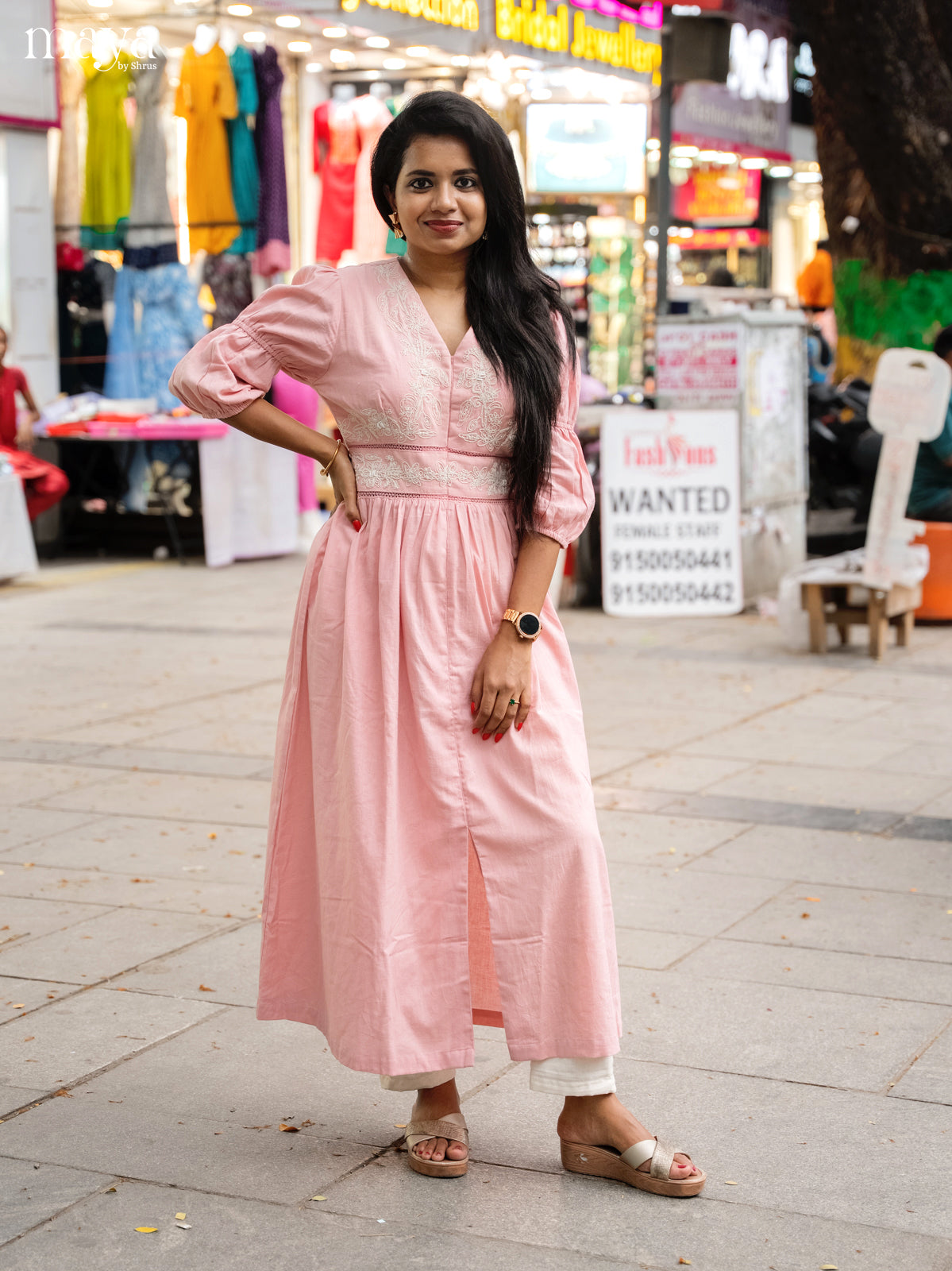 Embroidered Baby Pink Cotton Anarkali Kurti - Shop on Shrus.com