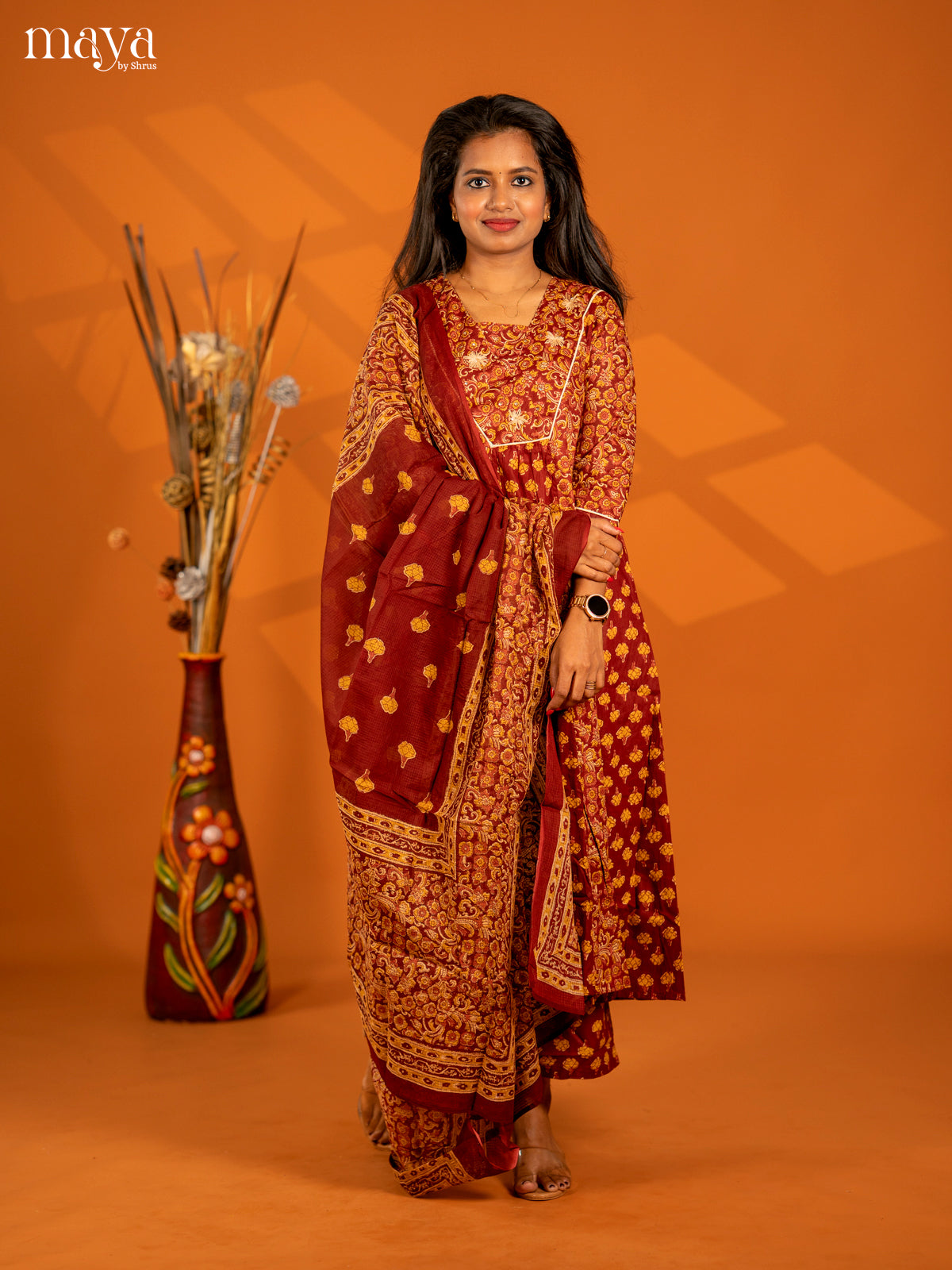 Maroon Cotton 3pc Salwar Suit with Floral Print - Top, Botton & Dupatta - Shop on Shrus.com