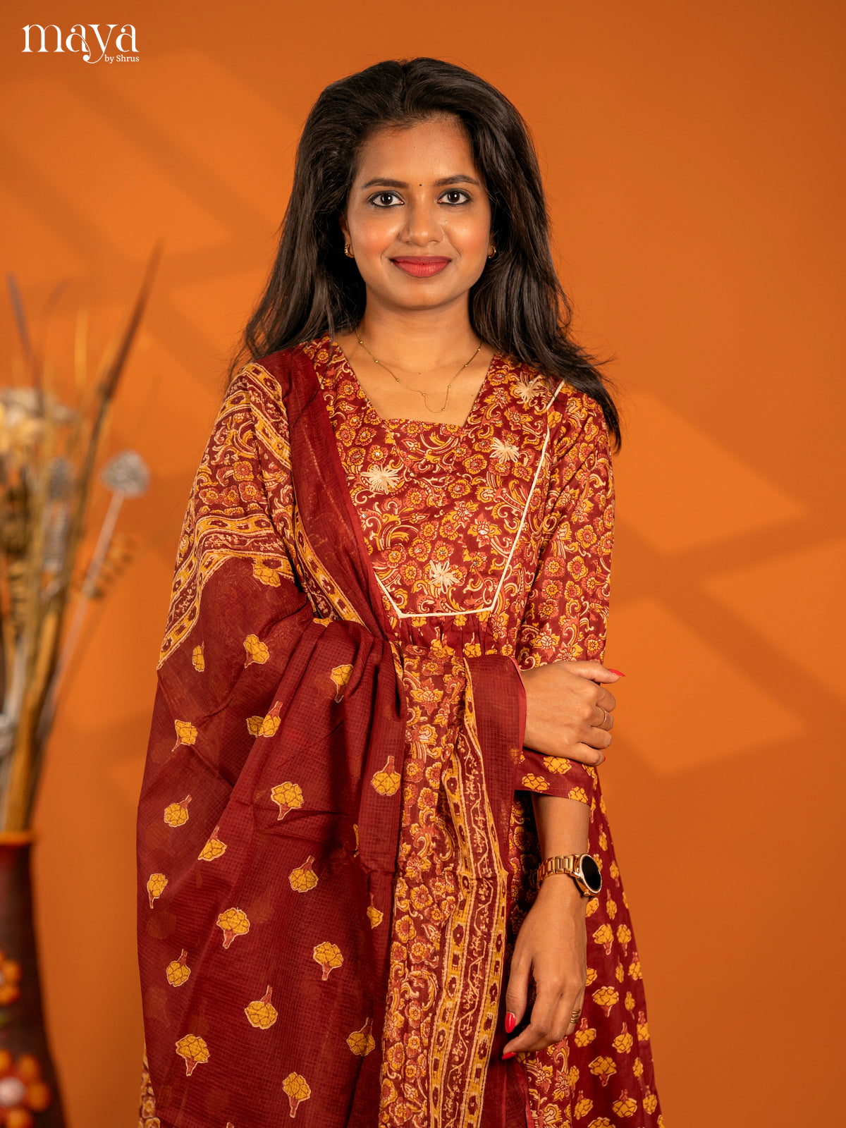 Maroon Cotton 3pc Salwar Suit with Floral Print - Top, Botton & Dupatta - Shop on Shrus.com