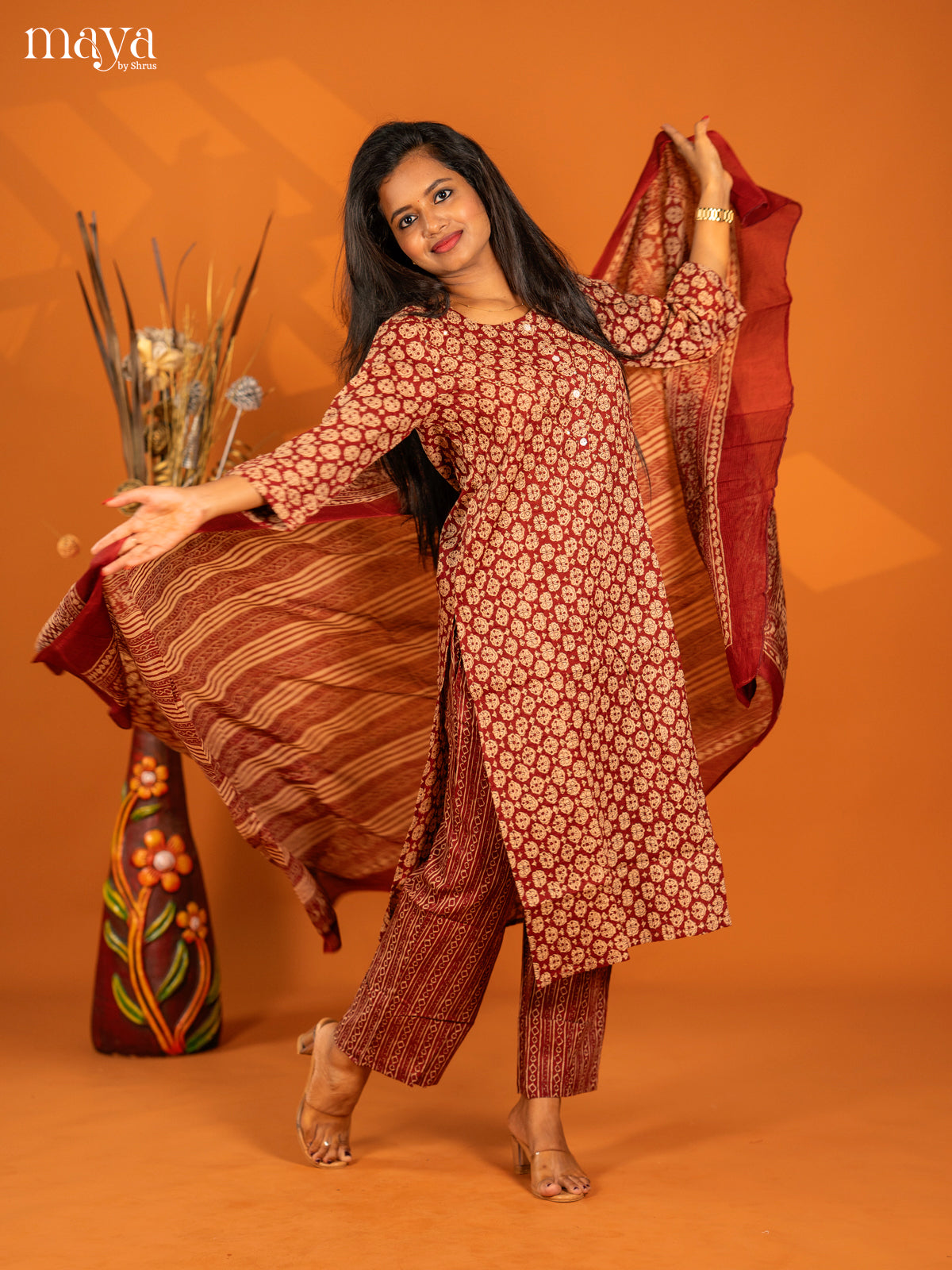 Maroon Cotton 3pc Salwar Suit with Floral Print - Top, Bottom & Dupatta - Shop on Shrus.com