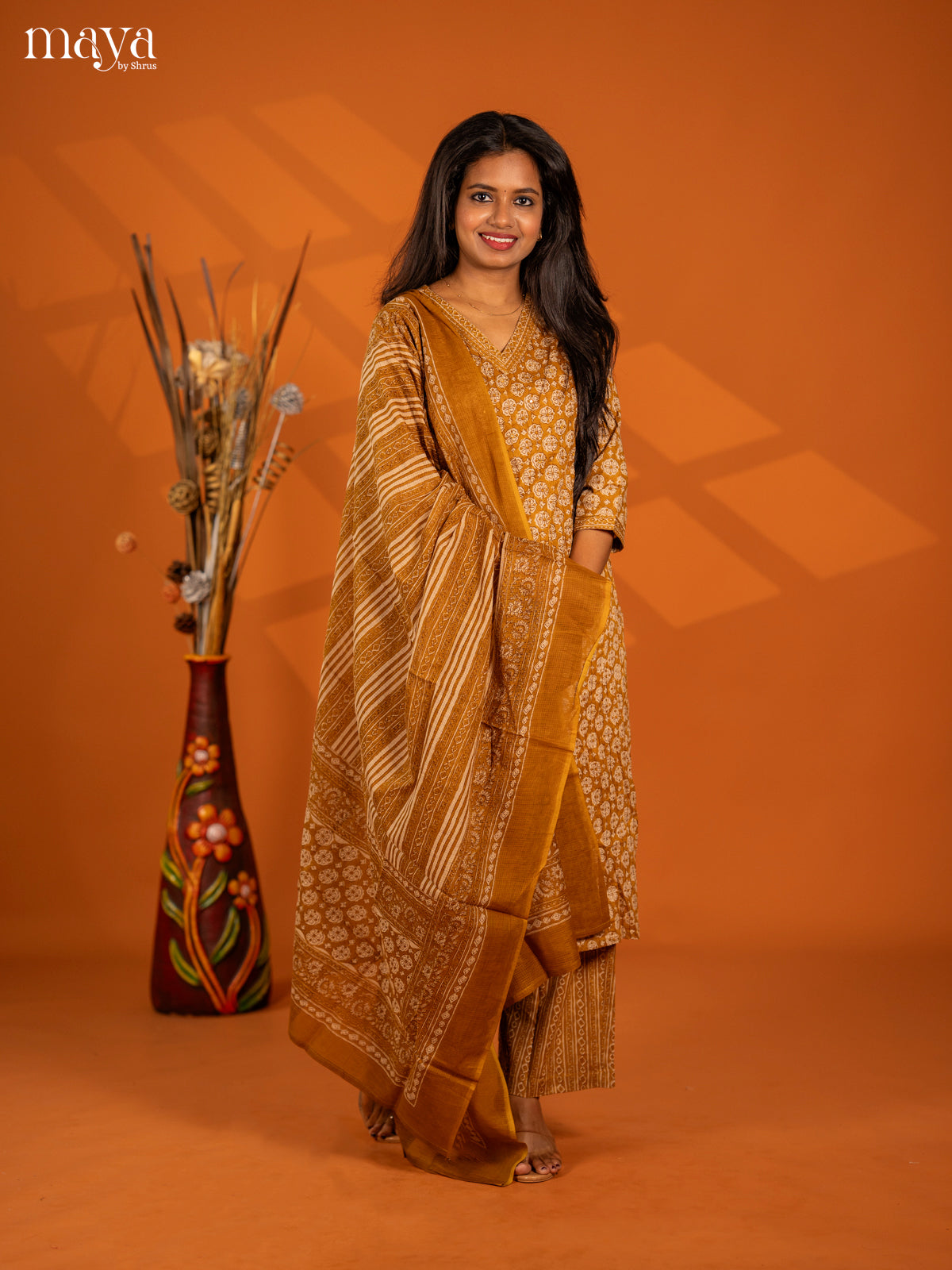 Mustard yellow Cotton 3pc Salwar Suit with Floral Print - Top, Bottom & Dupatta - Shop on Shrus.com