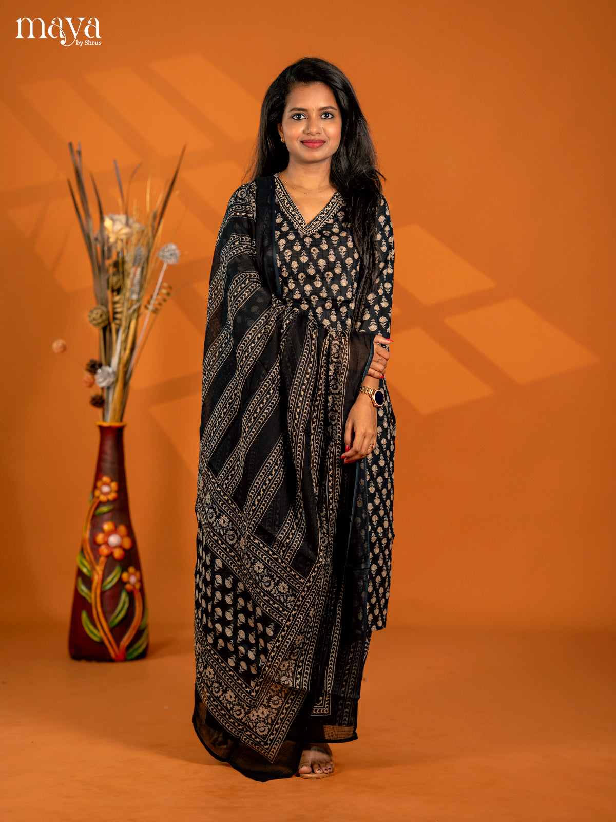 Black Cotton 3pc Salwar Suit with Floral Print - Top, Bottom & Dupatta - Shop on Shrus.com