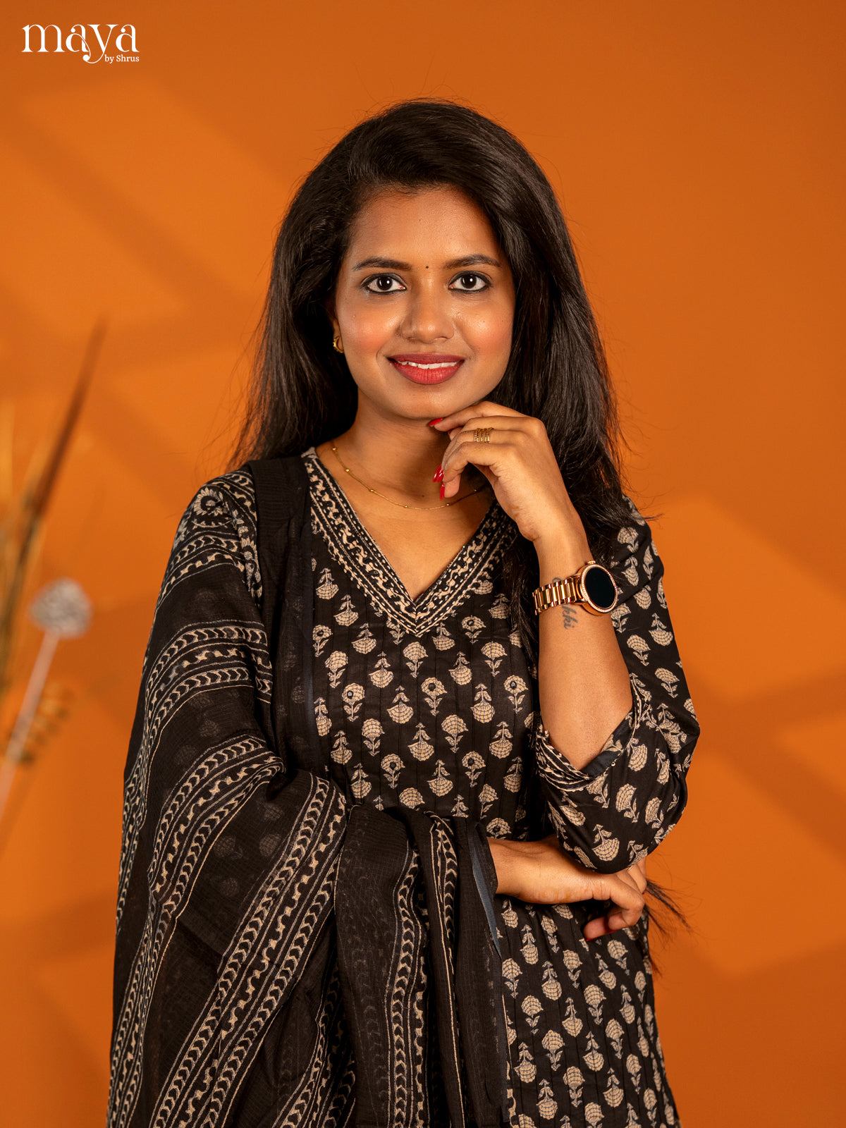 Black Cotton 3pc Salwar Suit with Floral Print - Top, Bottom & Dupatta - Shop on Shrus.com