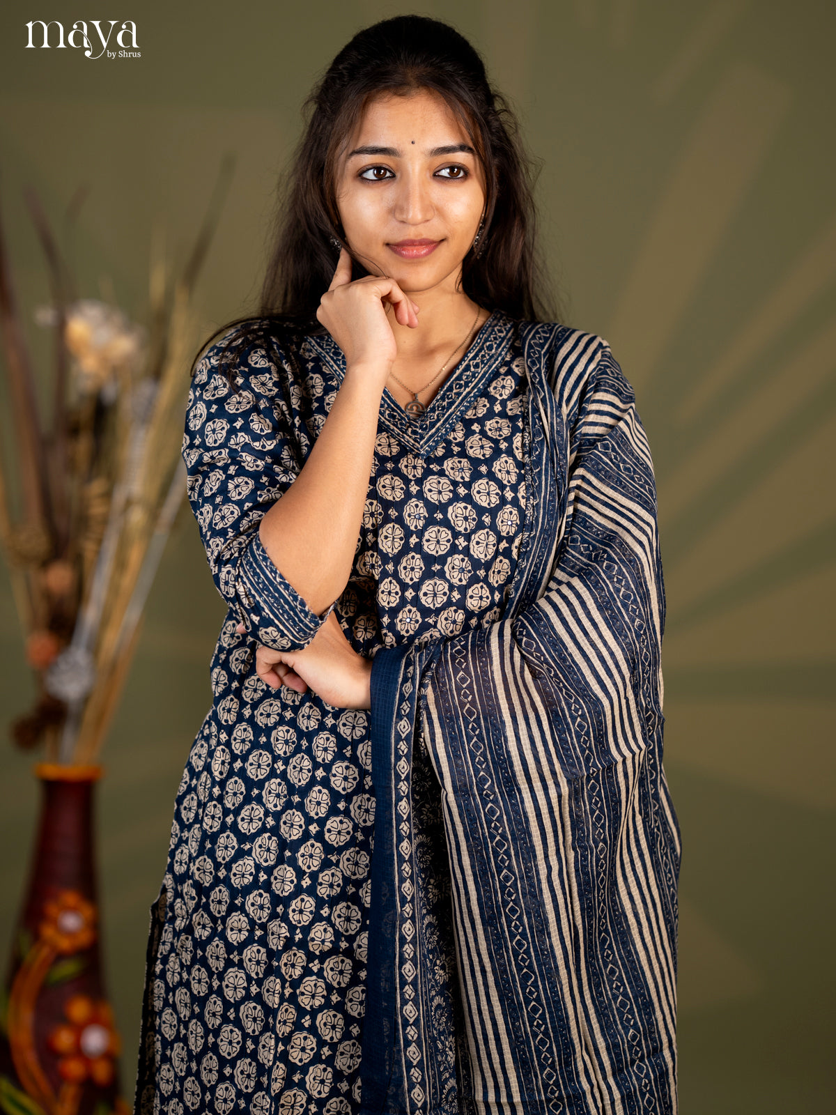 Peacock Blue Cotton 3pc Salwar Suit with Floral Print - Top, Bottom & Dupatta - Shop on Shrus.com