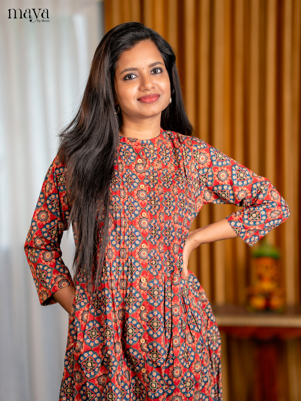Maroon with Blue Floral Printed Cotton Anarkali A- Line Kurti - Shop on Shrus.com