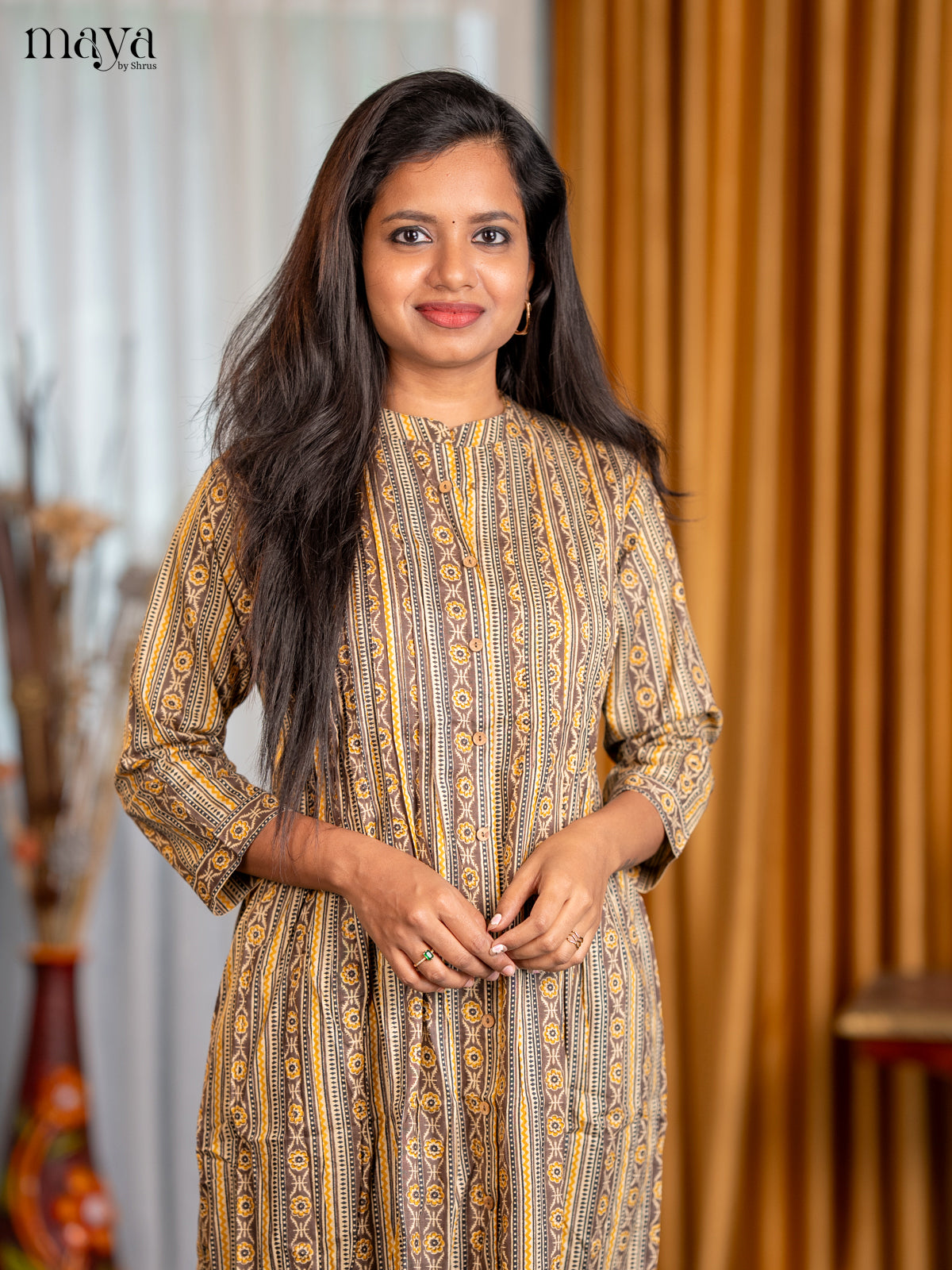 Cream with Browm Geometric Cotton Anarkali A- Line Kurti - Shop on Shrus.com