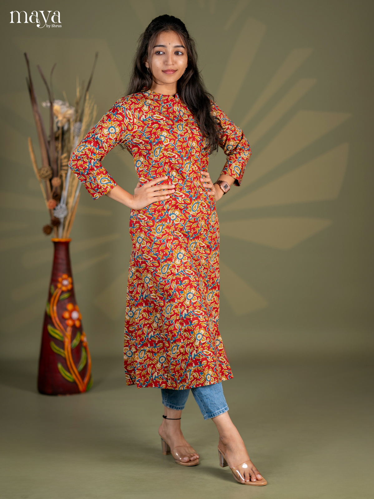 Red Kalamkari Printed Cotton A- Line Kurti - Shop on Shrus.com