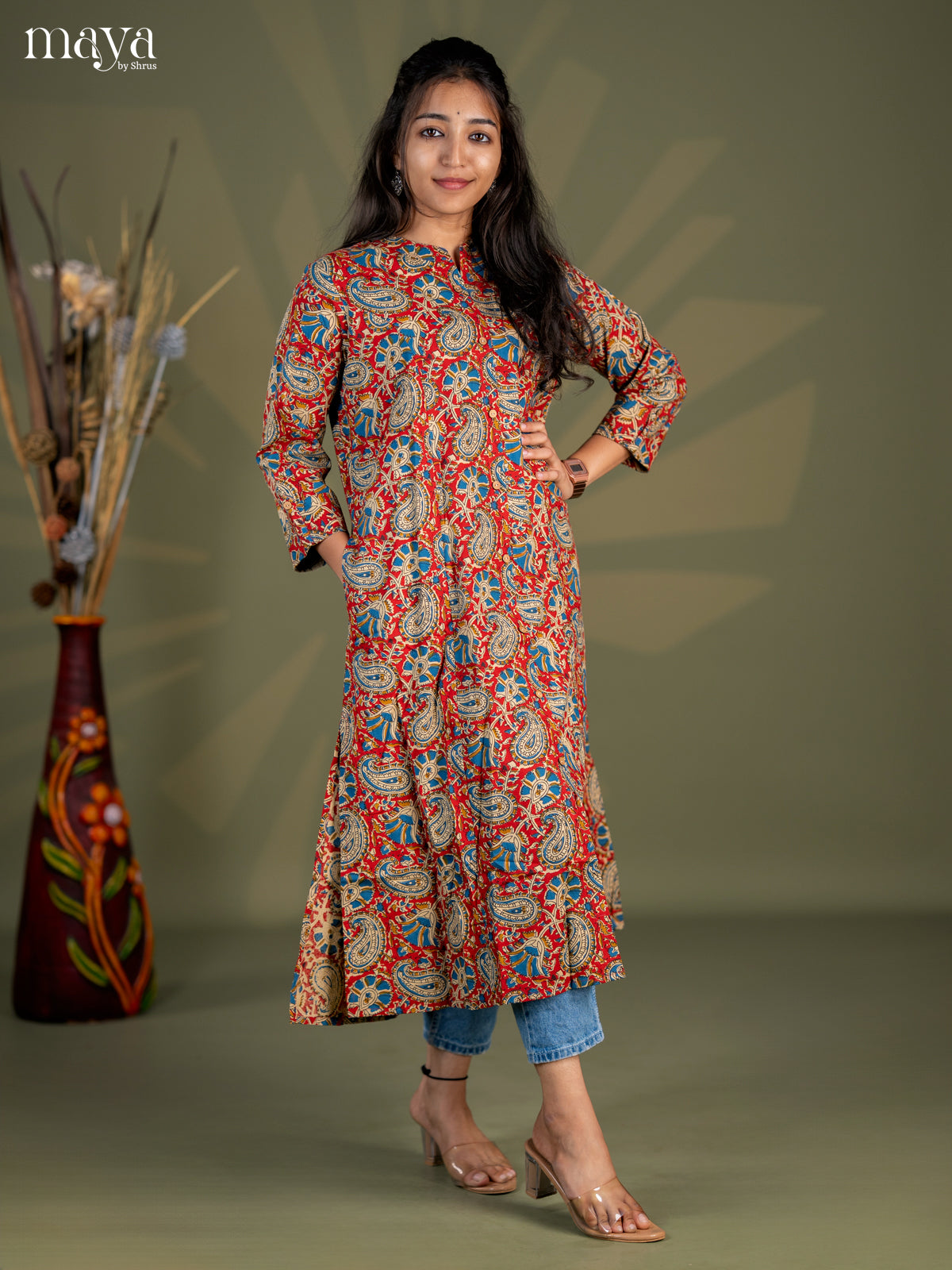 Red Kalamkari Printed Cotton A- Line Kurti - Shop on Shrus.com