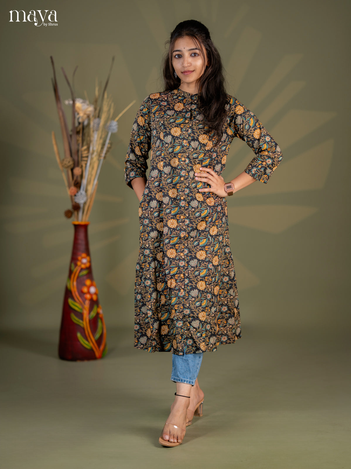 Black Kalamkari Cotton A - Line Kurti - Shop on Shrus.com