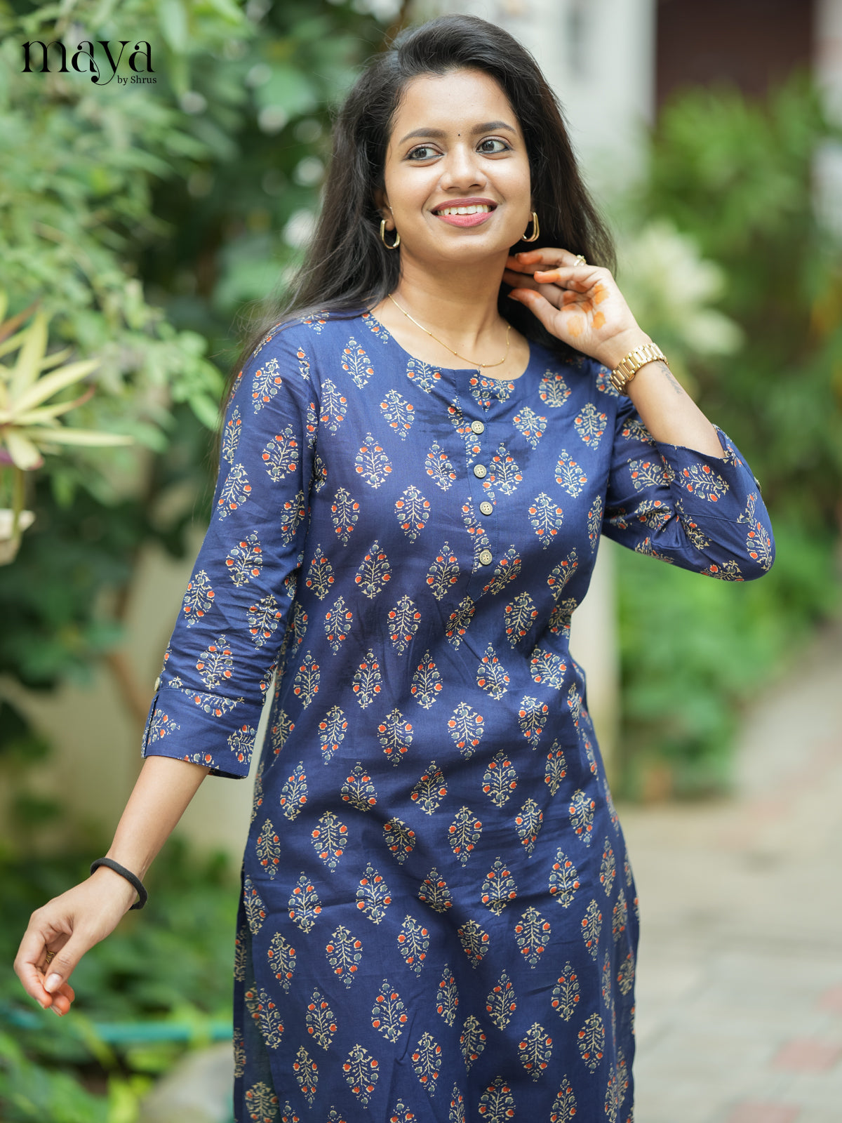 Navy Blue Ajrakh printed Cotton Kurti - Shop on Shrus.com