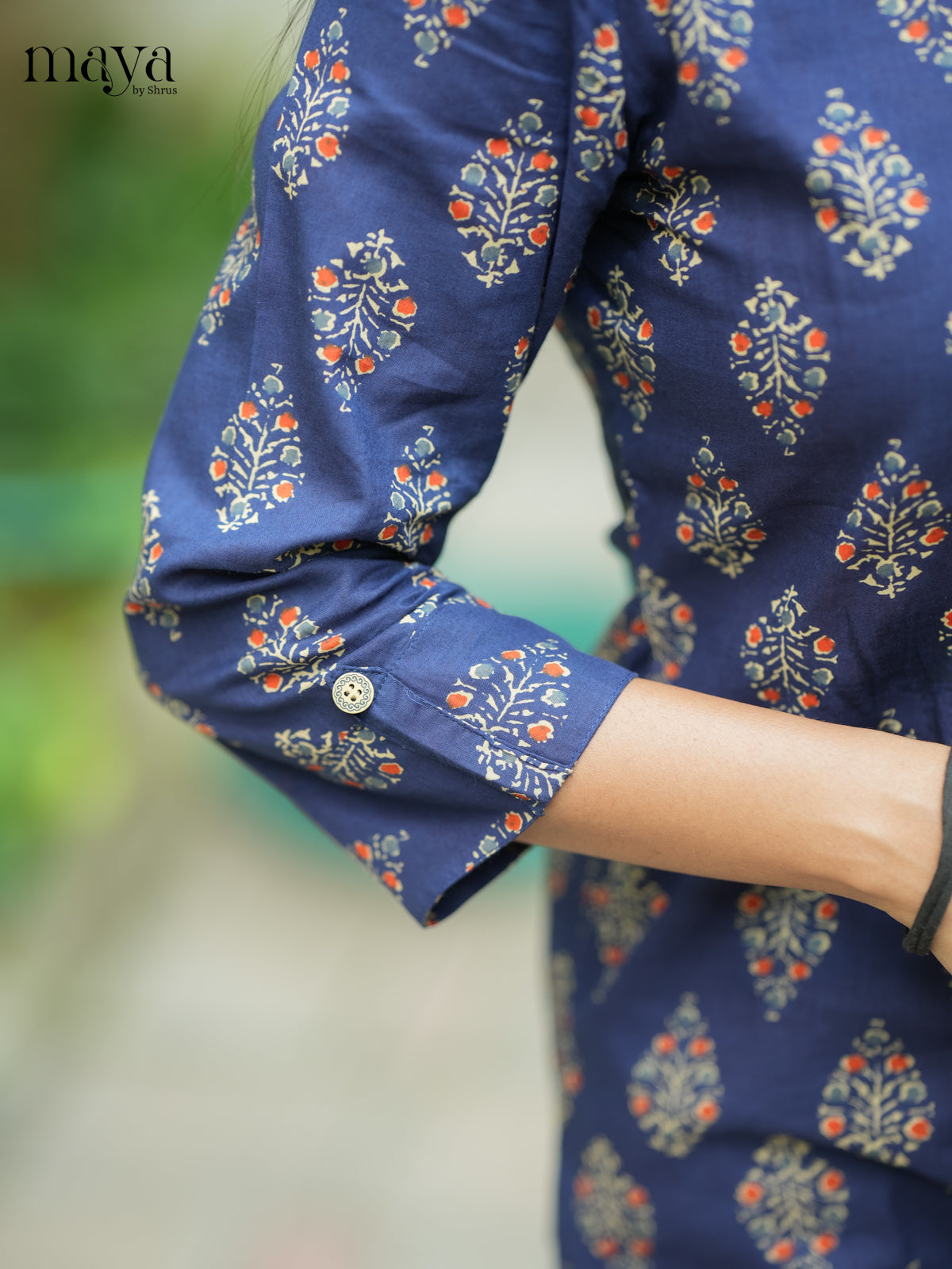 Navy Blue Ajrakh printed Cotton Kurti - Shop on Shrus.com