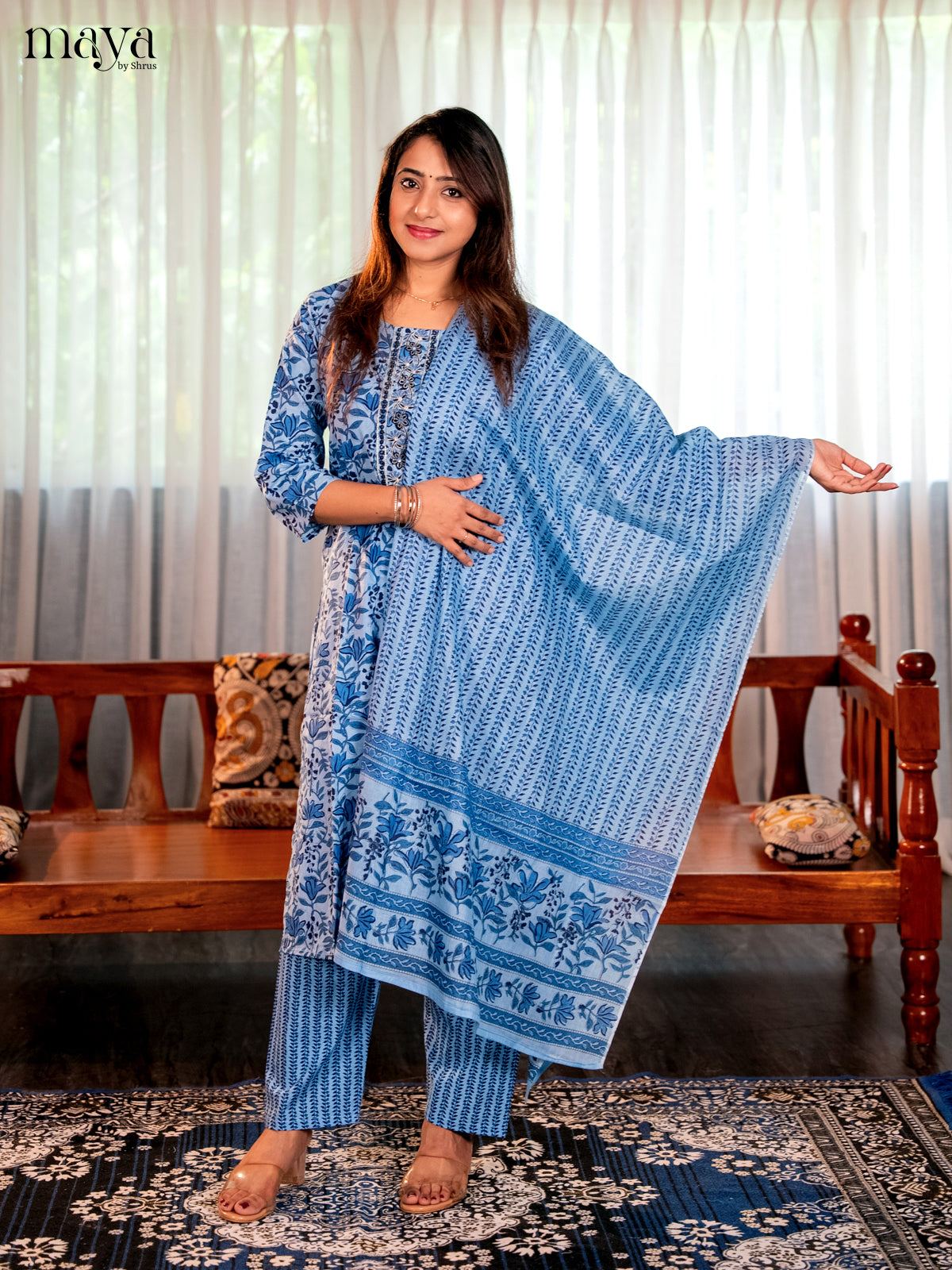 Blue - Floral printed Readymade 3- piece - Shop on Shrus.com