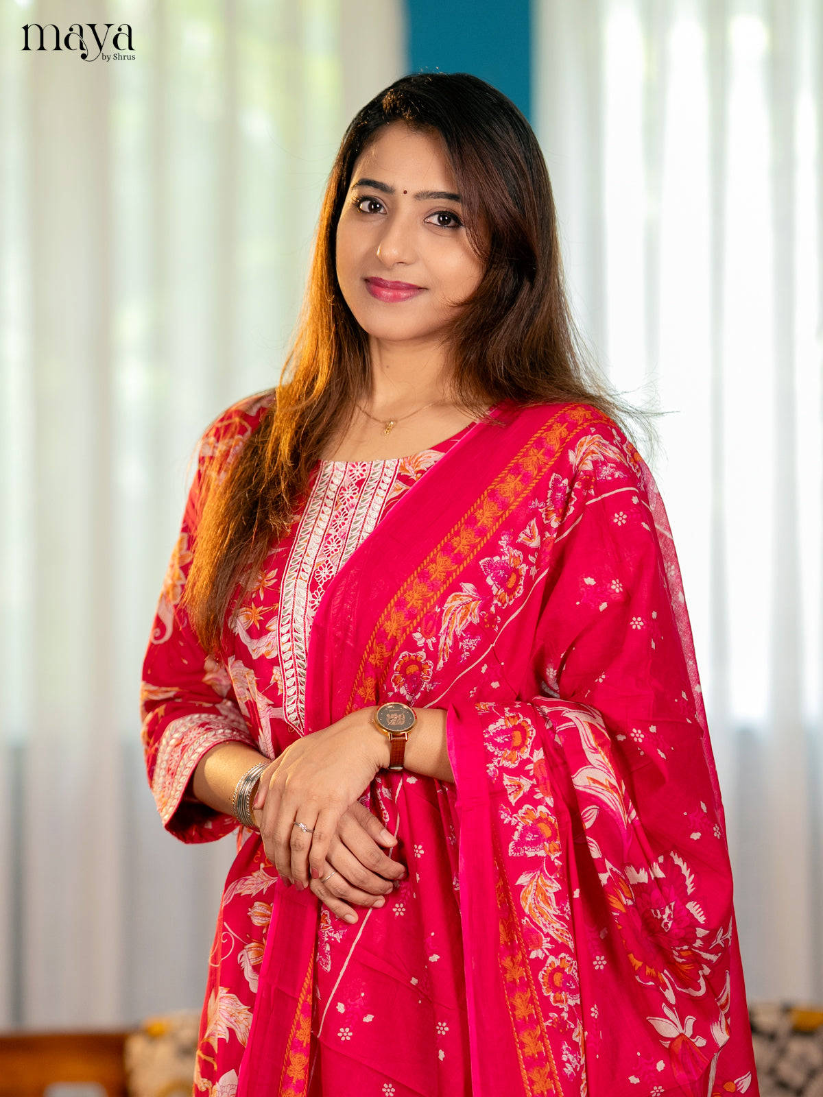 Pink Cotton 3PC Salwar Suit with Floral Print - Top, Bottom & Dupatta - Shop on Shrus.com