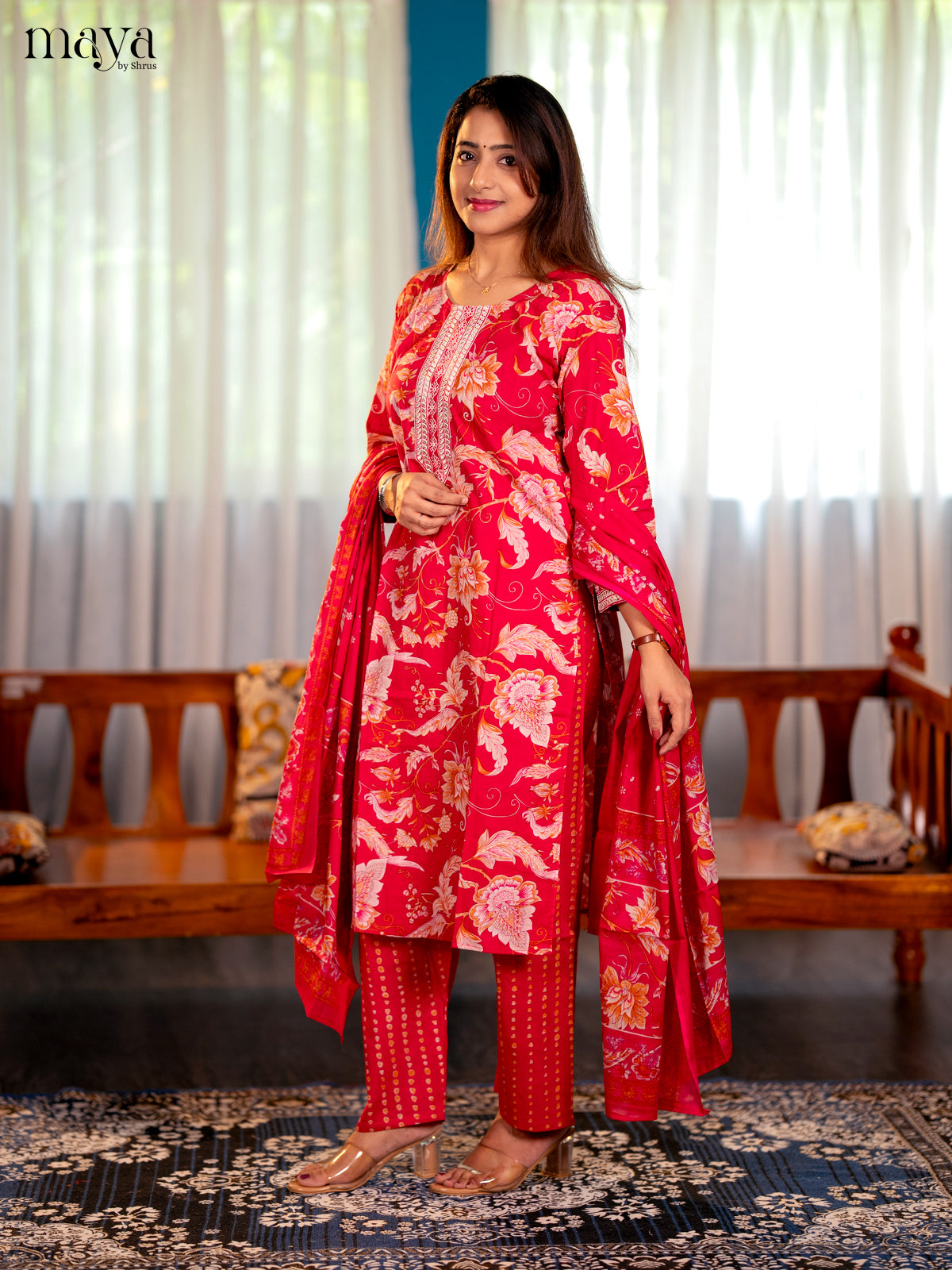 Pink Cotton 3PC Salwar Suit with Floral Print - Top, Bottom & Dupatta - Shop on Shrus.com