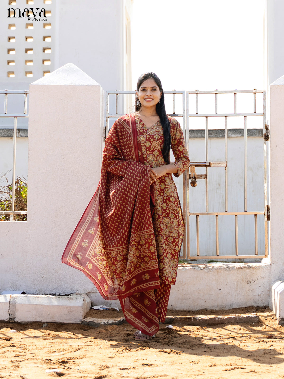 Maroon Cotton 3pc Salwar Suit with Ajrakh Print - Top, Bottom & Dupatta - Shop on Shrus.com