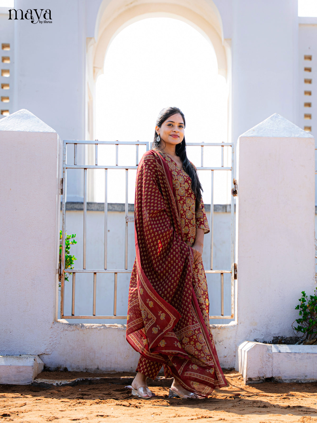 Maroon Cotton 3pc Salwar Suit with Ajrakh Print - Top, Bottom & Dupatta - Shop on Shrus.com