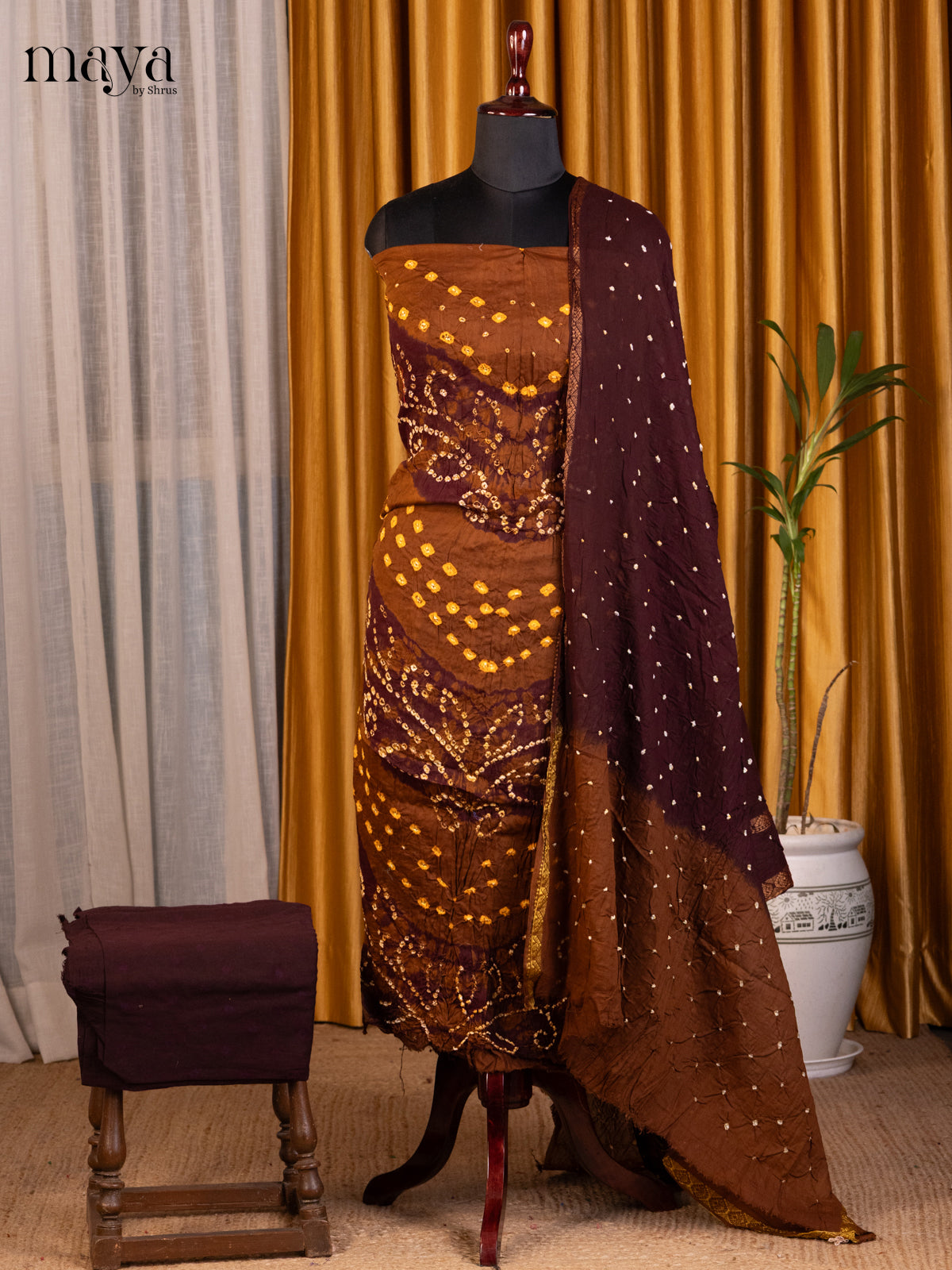 Brown & Maroon - Bandhini salwar Unstitch - Shop on Shrus.com