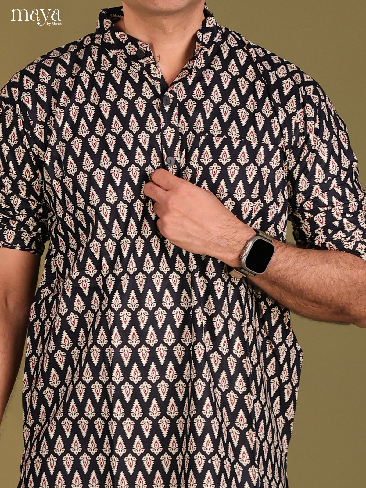 Black Cotton printed Short Men Kurta - Shop on Shrus.com