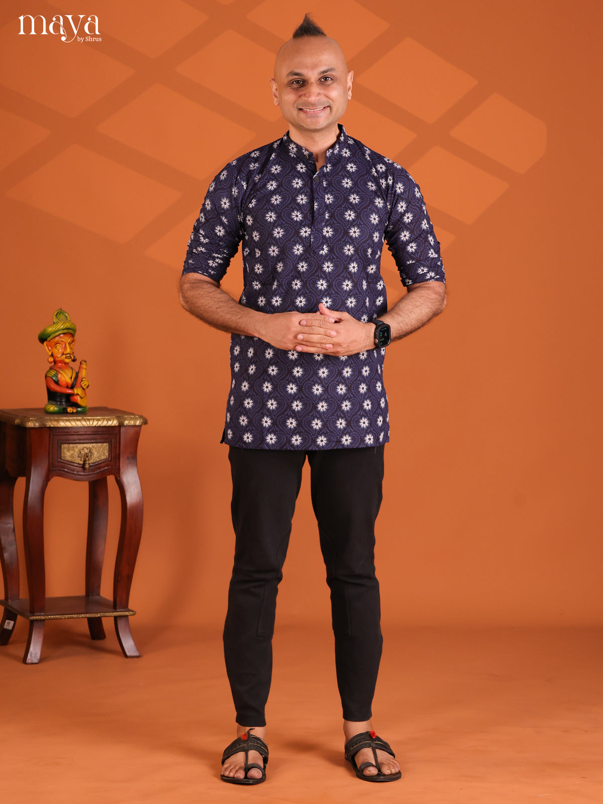 Black with Peacock Cotton Printed Short Men Kurta - Shop on Shrus.com