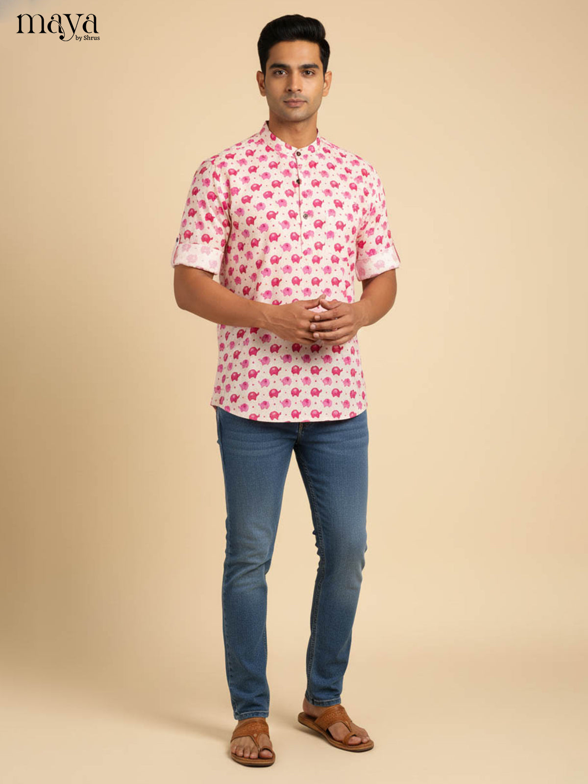 White with Pink - Readymade Short Mens Kurta - Shop on Shrus.com