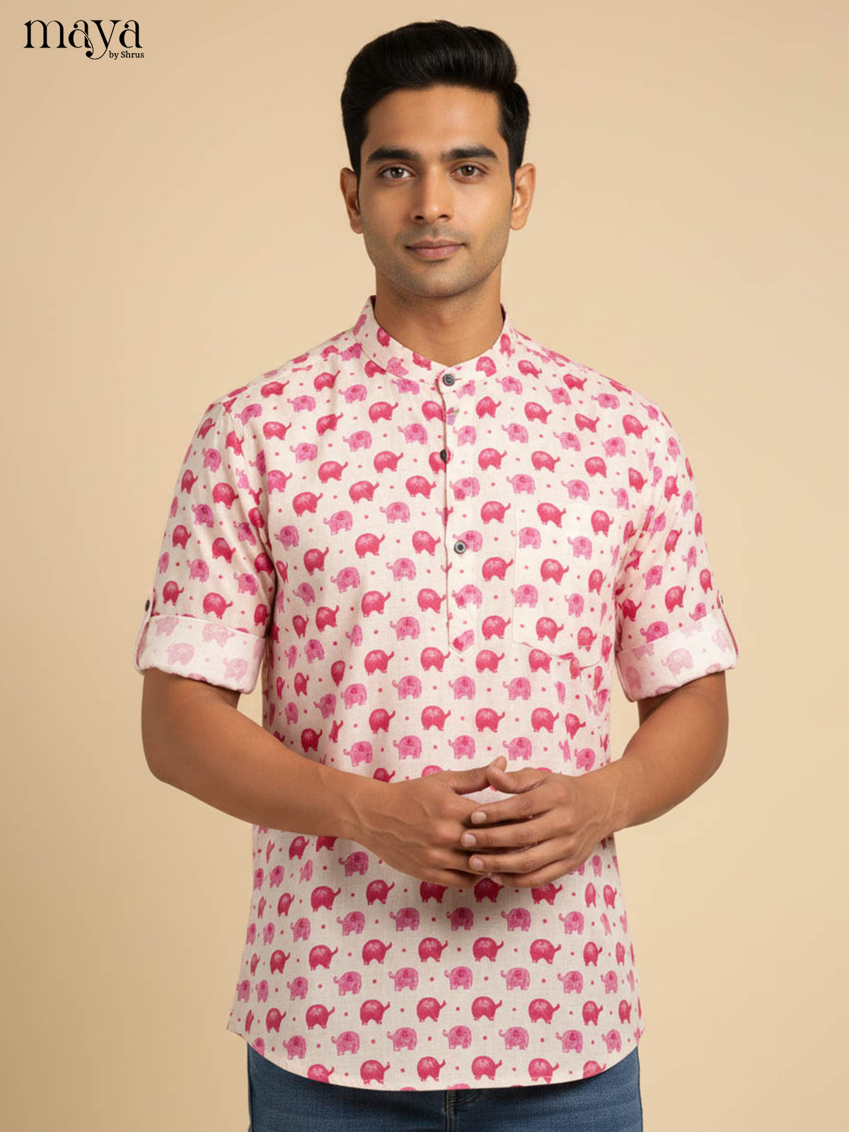 White with Pink - Readymade Short Mens Kurta - Shop on Shrus.com