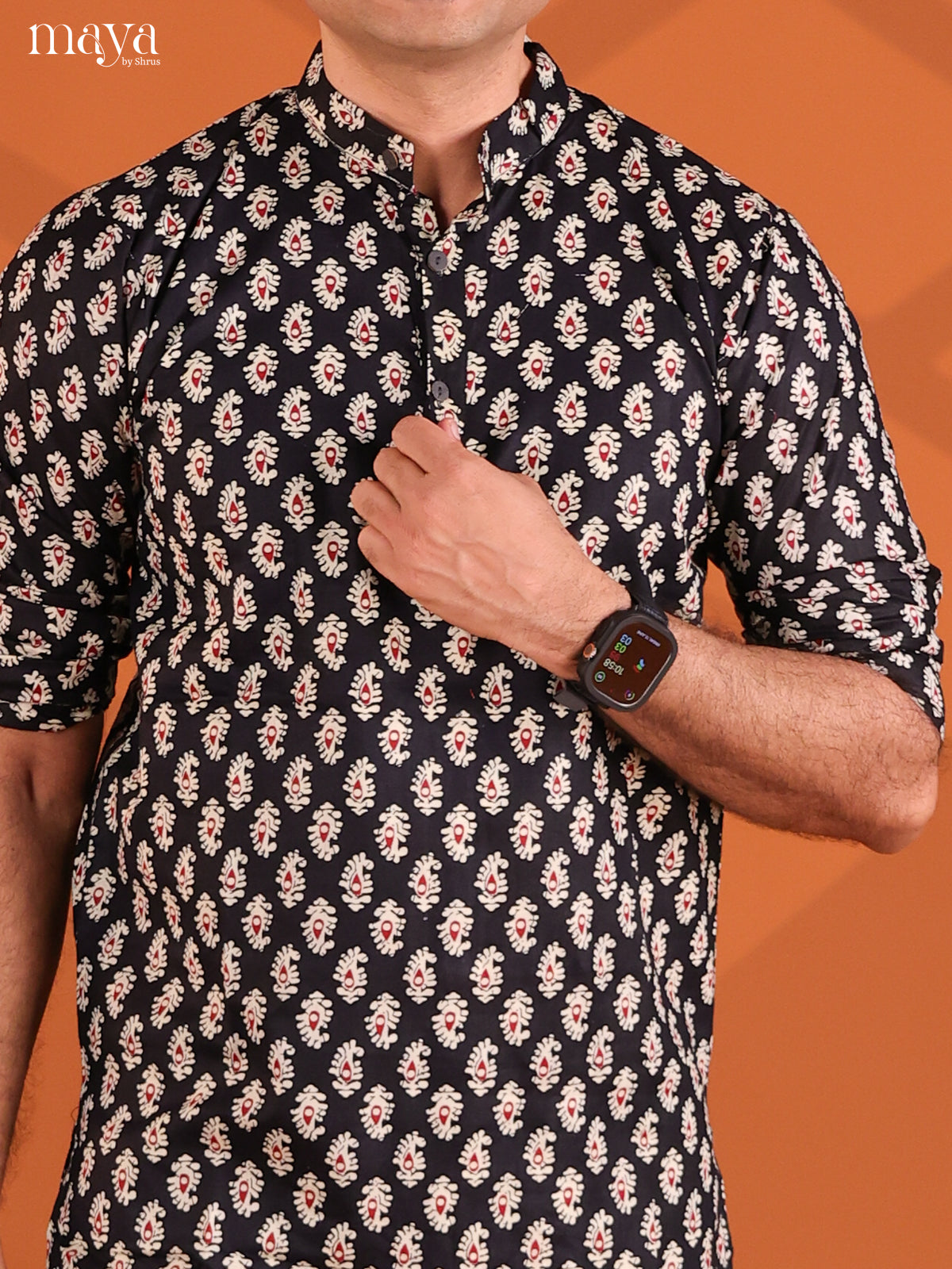 Black Cotton Pasiley Printed Short Men Kurta - Shop on Shrus.com