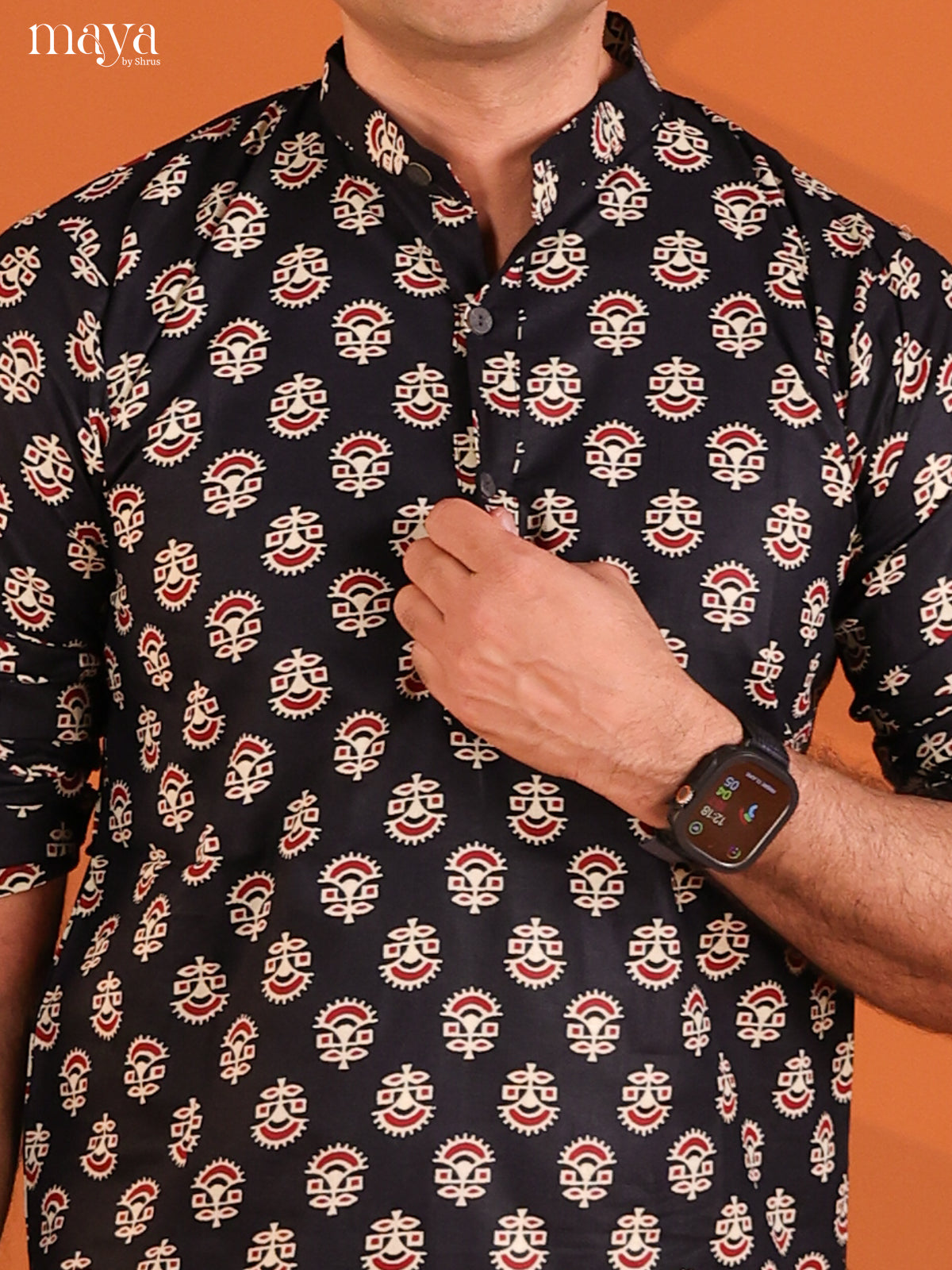 Black Cotton Printeded Short Men Kurta - Shop on Shrus.com