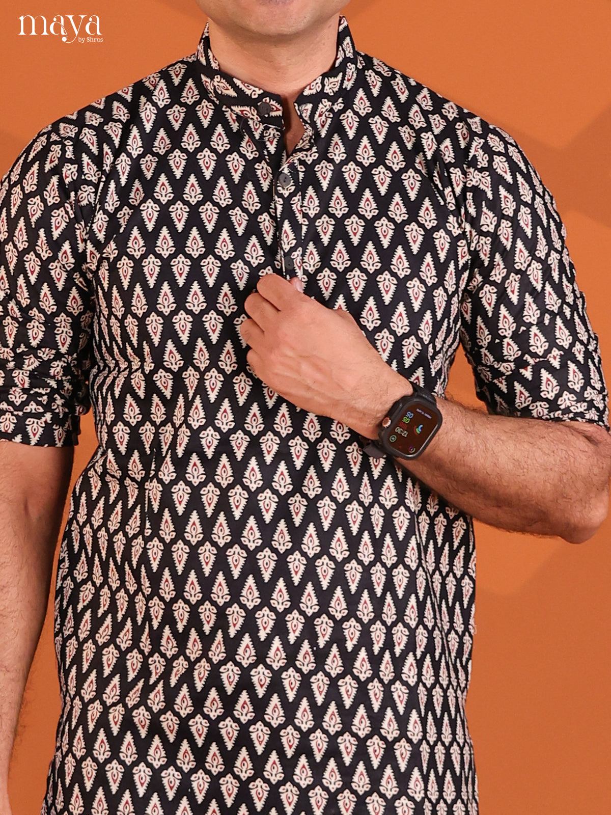 Black Cotton Printeded Short Men Kurta - Shop on Shrus.com