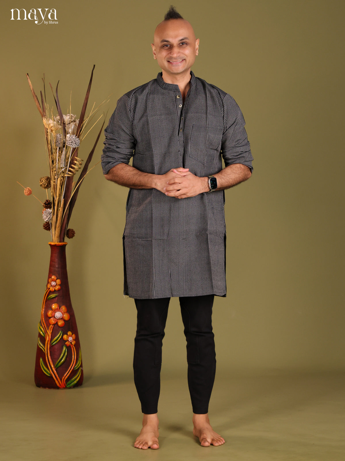 Black Cotton Stripe Printed Long Men Kurta - Shop on Shrus.com