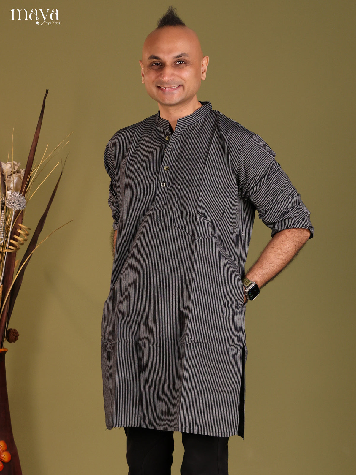 Black Cotton Stripe Printed Long Men Kurta - Shop on Shrus.com