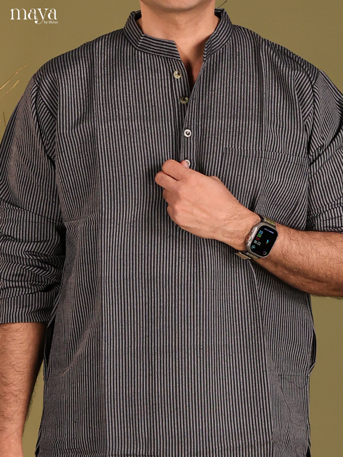 Black Cotton Stripe Printed Long Men Kurta - Shop on Shrus.com