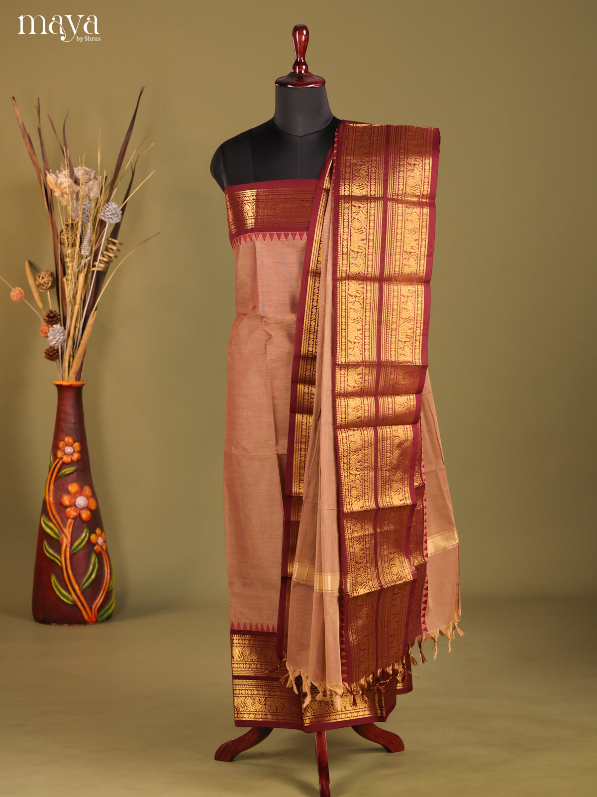 Brown & Maroon - chettinad top & dupatta combo